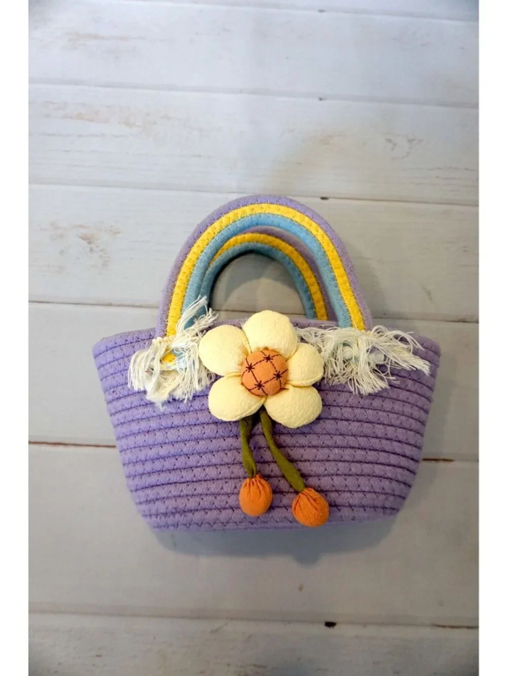 Handwoven Purple Round Bag With Floral Applique Handles